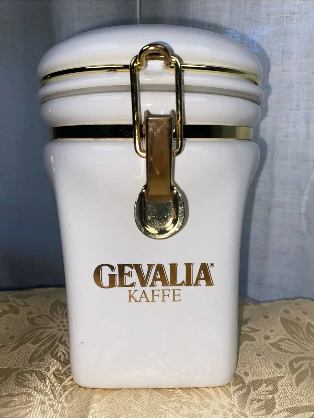 Gevalia Kaffe White and Gold Coffee Storage Canister